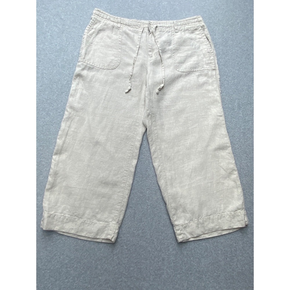 Lizwear Womens Linen Crop Pants Size 16 Beige Elastic Waist Drawstring‎ Pockets